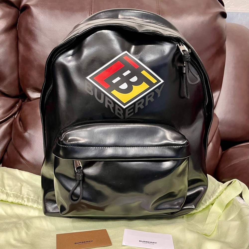 NWT Burberry backpack TB Logo print Graphic Coated Canvas Jett Black leather